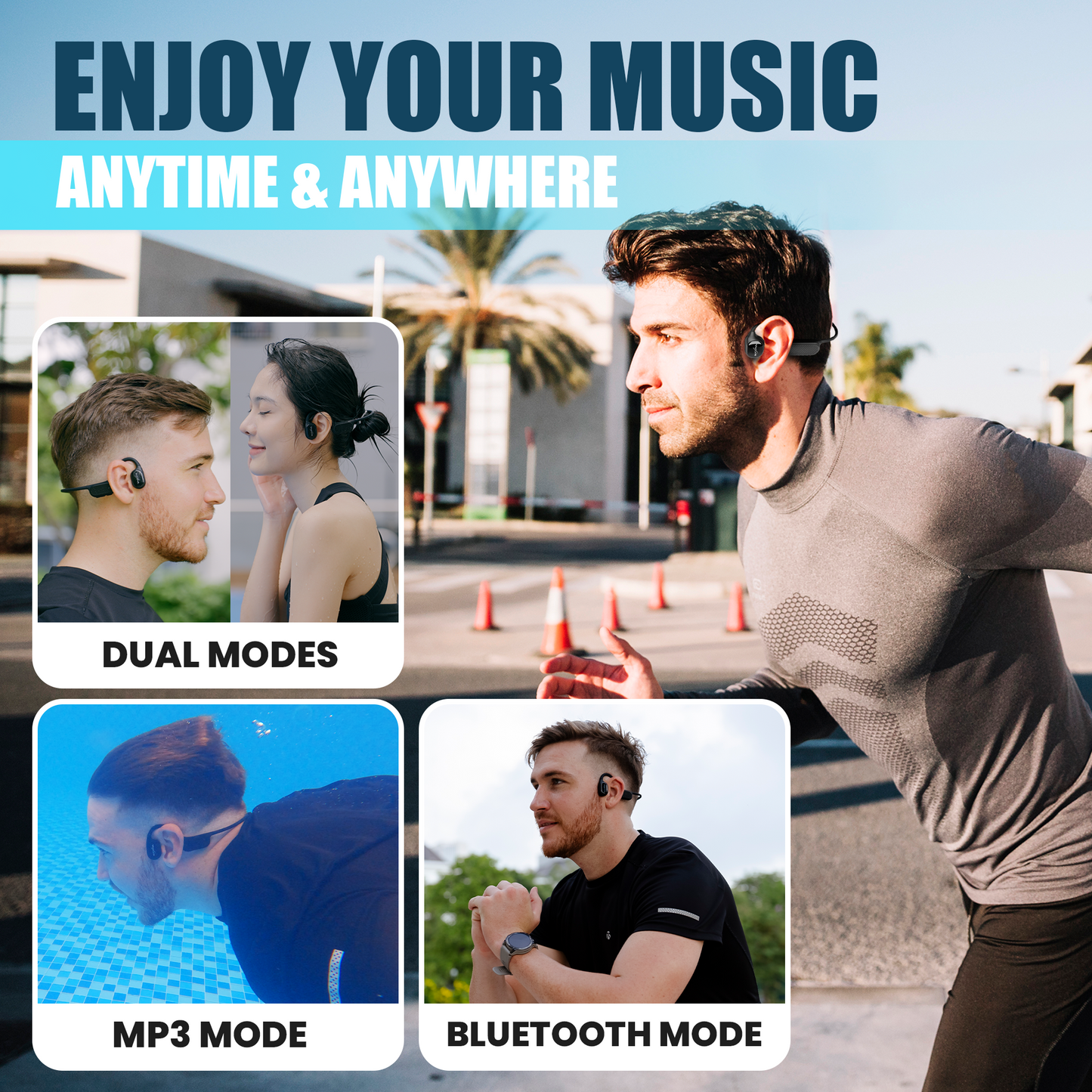Use dual modes to enjoy your music during swimming, running, and workouts with waterproof bone conduction headphones