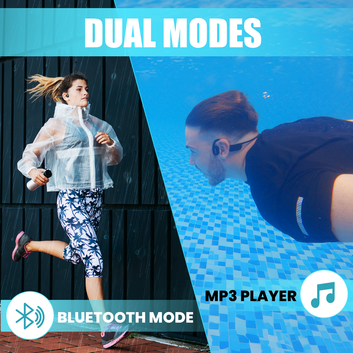 Bone conduction headphones shown for both swimming and running activities